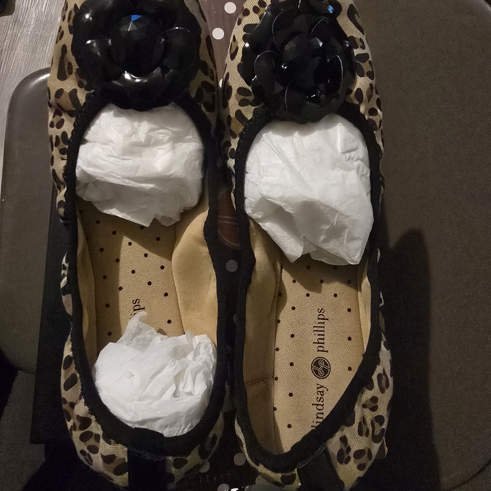 Lindsay Phillips Animal Print Flats with Black Floral Accent